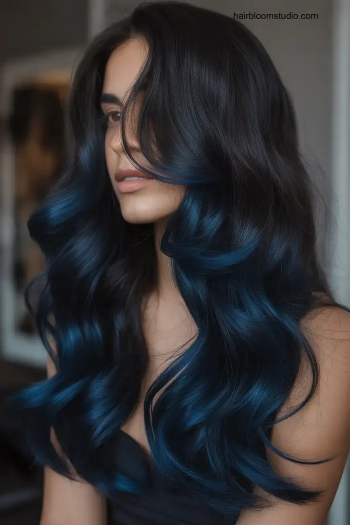 Midnight Blue Balayage on Black Hair