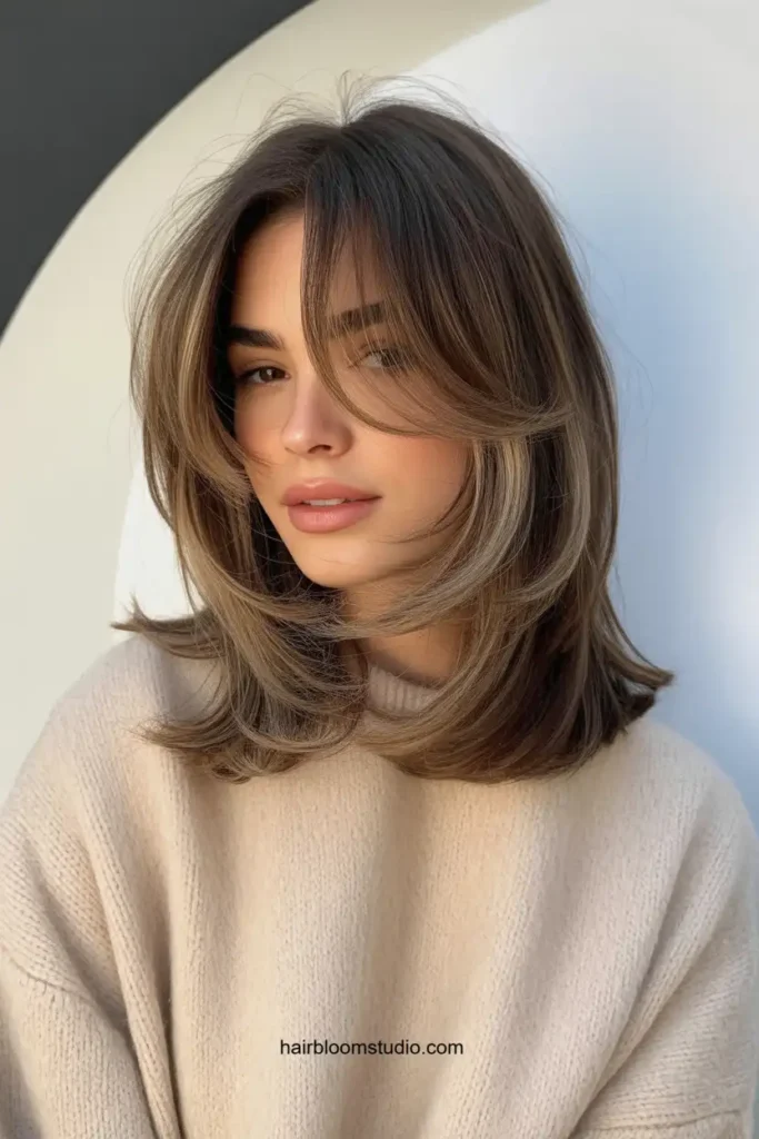 Long Layered Bob with Curtain Bangs